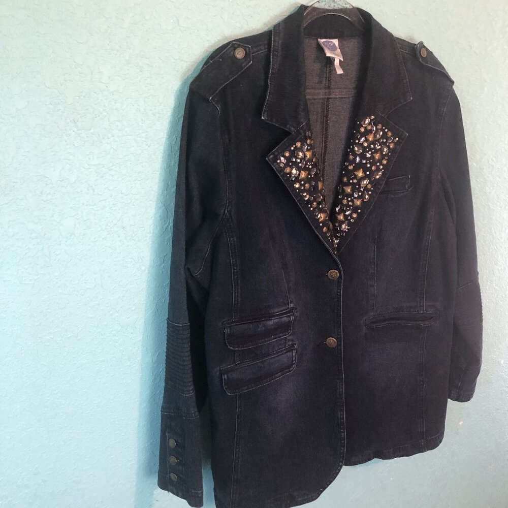 DG2 Diane Gilman Black Denim Blazer Jacket Size 2X Rhinestones Bejeweled Studded - Picture 4 of 12